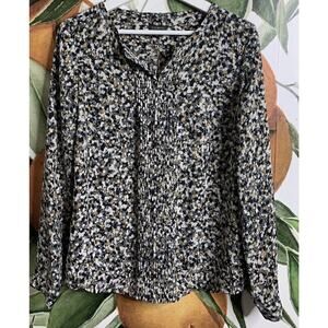 Talbots Small Printed Pleated Front Chiffon Long Sleeve Popover Blouse Top